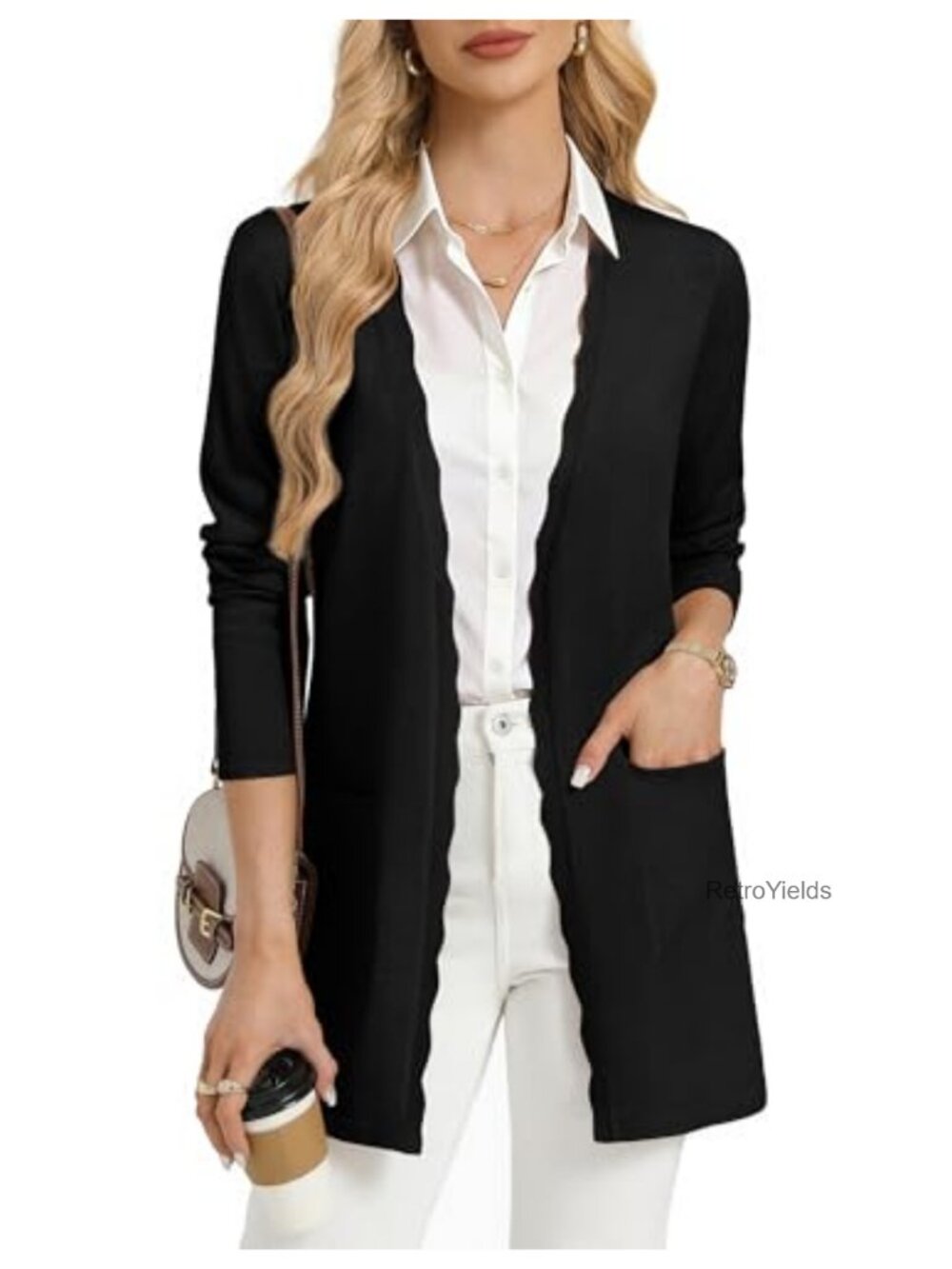 Long Open Front Cardigan Scalloped Placket Patch Pockets Business Casual